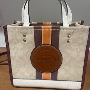 Coach Orange/Beige Signature Canvas and Patent Leather Stripe Pocket Tote